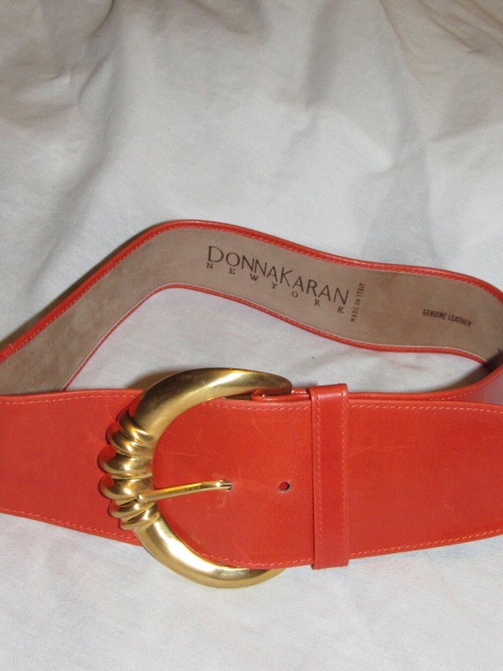 Vintage Donna Karan New York Oversized Leather Brass Belt sz M Orange Italy
